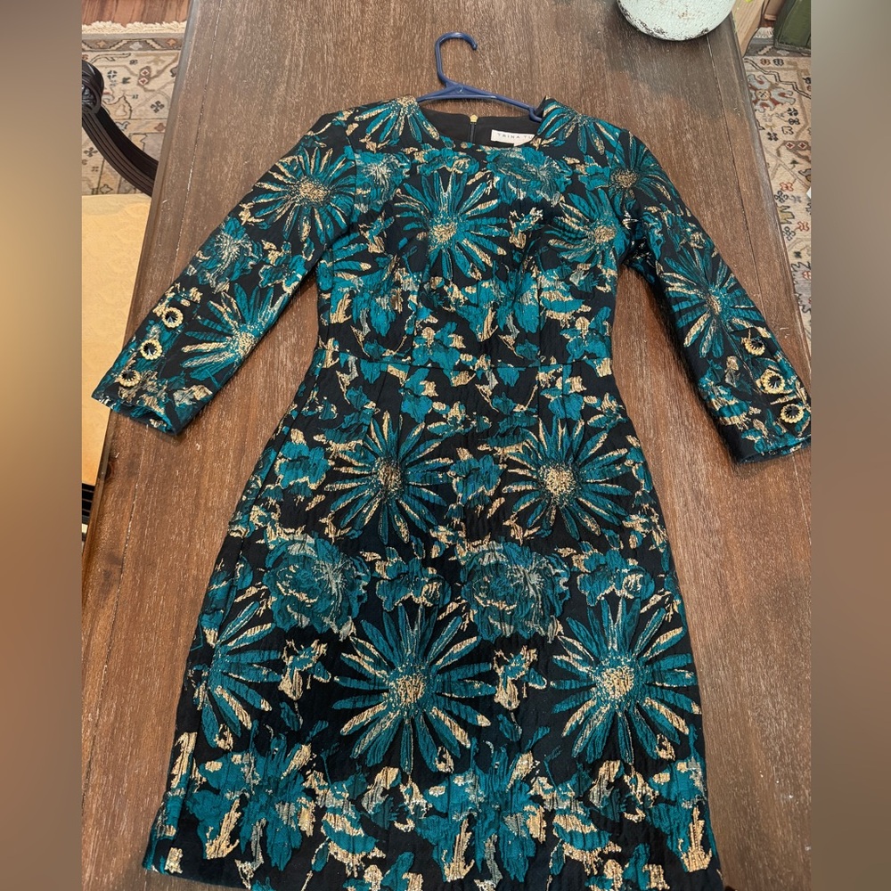 Trina Turk size 0 beautiful teal green/gold/black damask dress